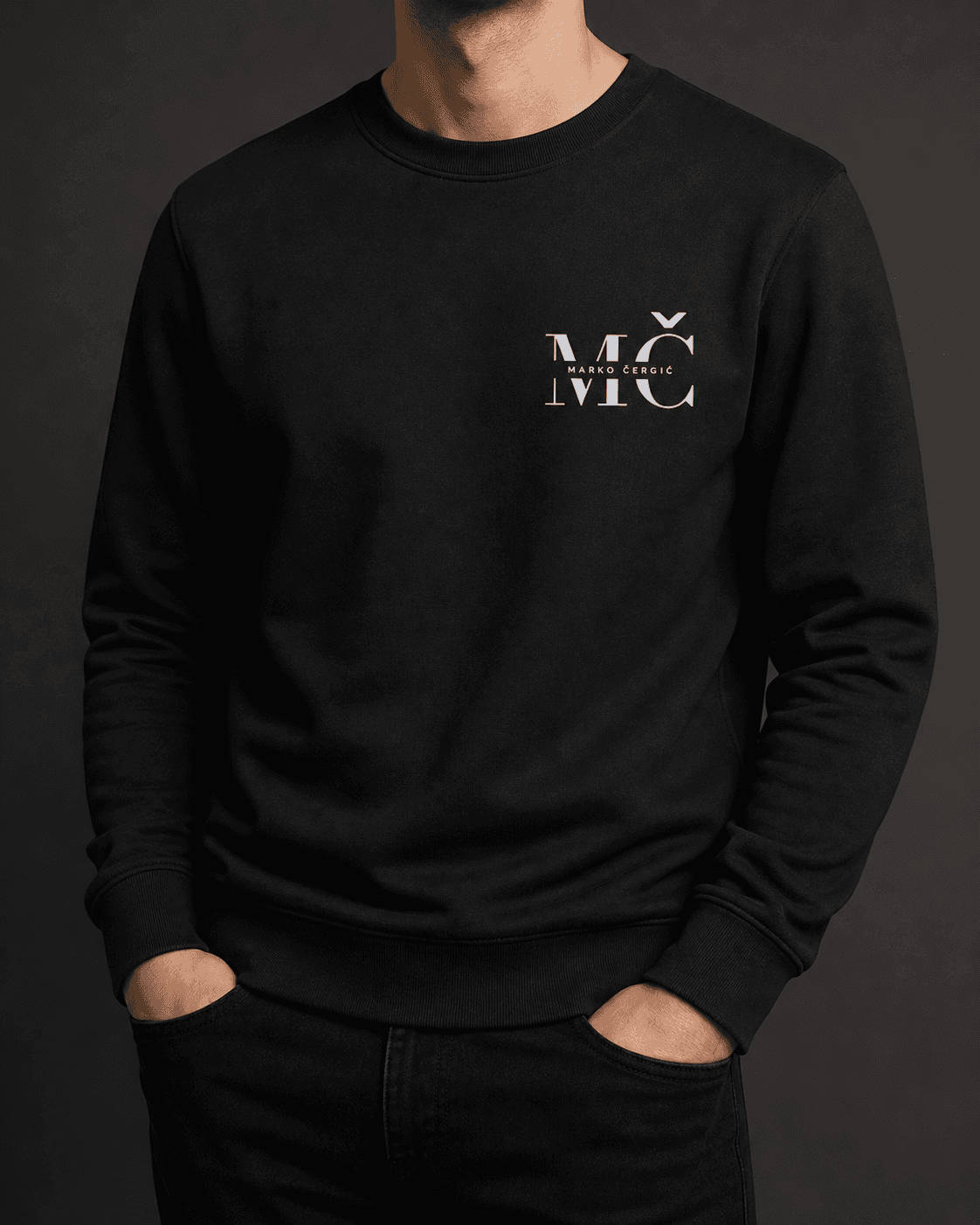 Black MČ sweater editorial torso view