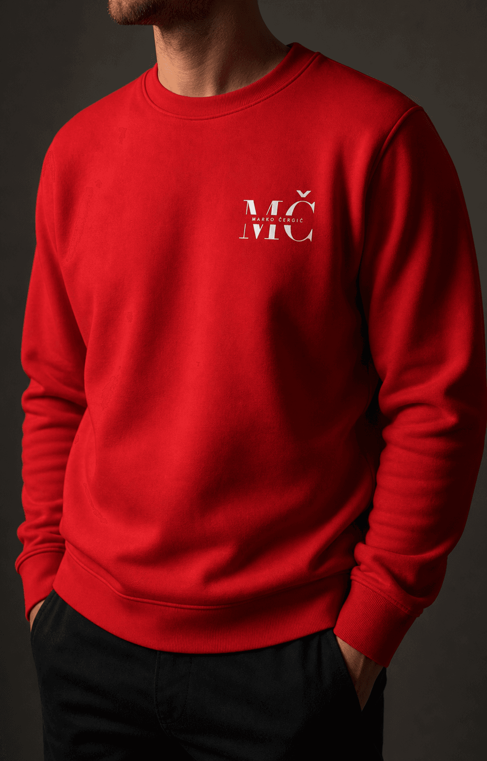 Red MČ sweater editorial torso view
